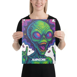 Person holding a colourful alien graphic with ALIENCORE branding