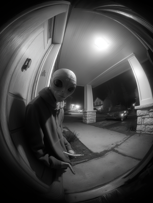 Person in an alien costume standing on a doorstep at night.