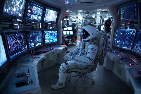 Person in astronaut suit in control room with multiple screens.
