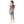 Person wearing a beige t-shirt with a graphic on the back and denim shorts on a white background