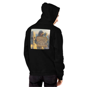Person wearing a black hoodie with a graphic design on the back against a gray background