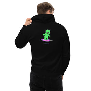 Person wearing a black hoodie with a green alien design on the back, on a white background