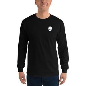 Person wearing a black long-sleeve shirt with a white alien head logo on a white background