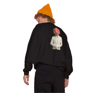 Person wearing a black sweatshirt with a graphic design on the back against a gradient background
