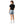 Person wearing a black t-shirt and denim shorts on a white background