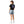 Person wearing a black t-shirt with a colorful design on the back and denim shorts on a white background