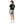 Person wearing a black t-shirt with a graphic design on the back, paired with denim shorts and white socks.