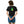 Person wearing a black t-shirt with a green alien design on the back, standing against a white background.
