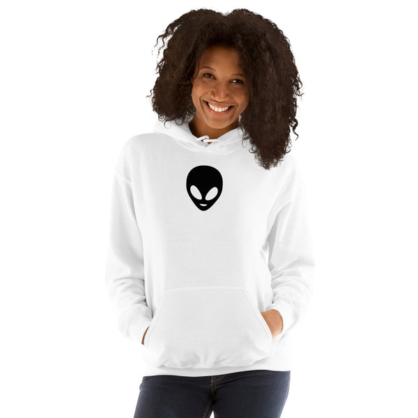 Person wearing a white hoodie with an alien face design on a white background