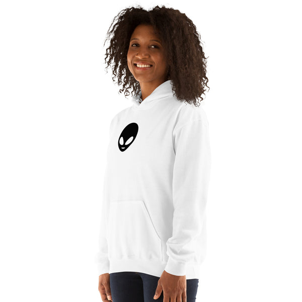 Person wearing a white hoodie with an alien logo on a white background