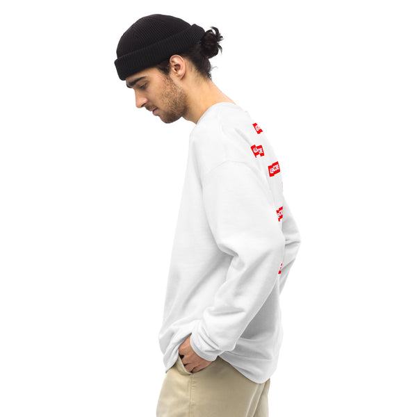 Person wearing a white long-sleeve shirt with red graphics on sleeves against a white background