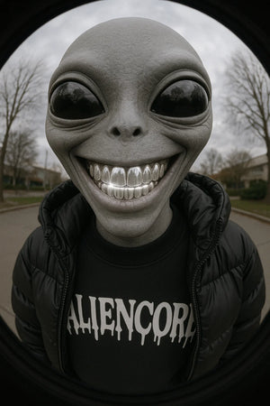 Person wearing an alien mask with a hoodie and teeth display.