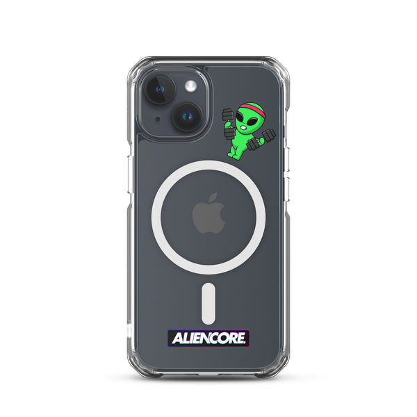 Phone case with AlienCore branding and a small alien figure on a white background