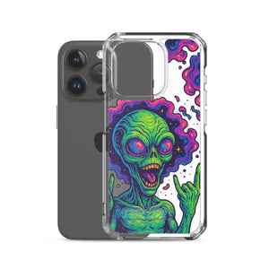 Phone case with a colorful alien design on a white background