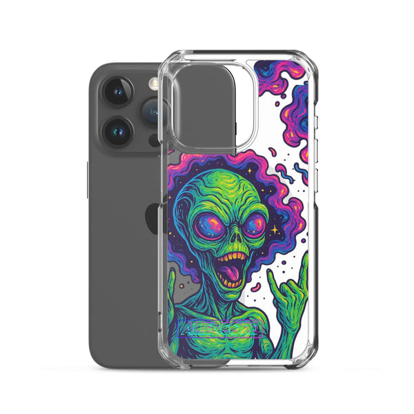 Phone case with a colorful alien design on a white background