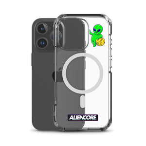 Phone case with a green alien design and Aliencore branding on a white background