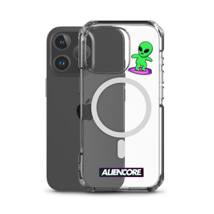 Phone case with a green alien design and Aliencore branding on a white background