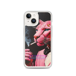 Phone case with a pink panther smoking a cigarette on a black background