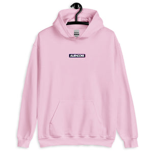 Pink hoodie with 'ALENCORE' logo on a hanger against a white background