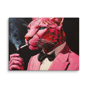 Pink panther in a suit smoking a cigarette on a black background