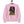 Pink sweatshirt with a graphic of a purple dinosaur on a skateboard, hanging on a black hanger against a white background.
