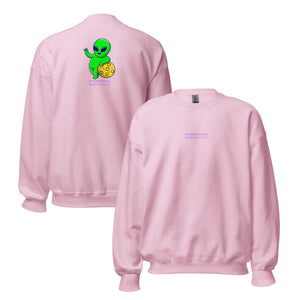 Pink sweatshirt with a green alien design on the back, displayed from front and back views.