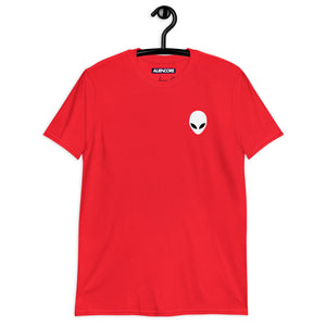 Red t-shirt with an alien logo on a hanger against a white background