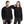 Two people wearing black sweatshirts with a circular design on a white background