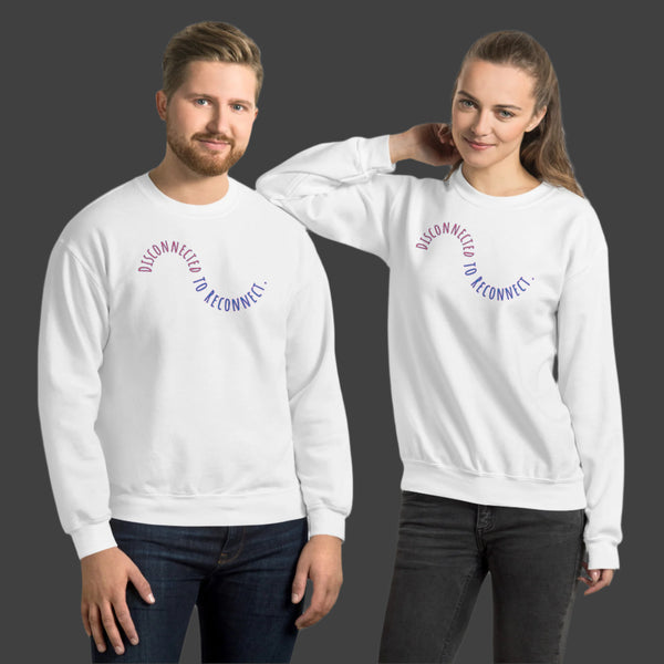 Two people wearing white sweatshirts with a circular design on a white background