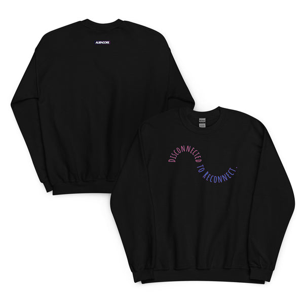 Two wearing black sweatshirts with a circular design on a white background