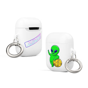 Two white airpod cases with alien designs on a white background