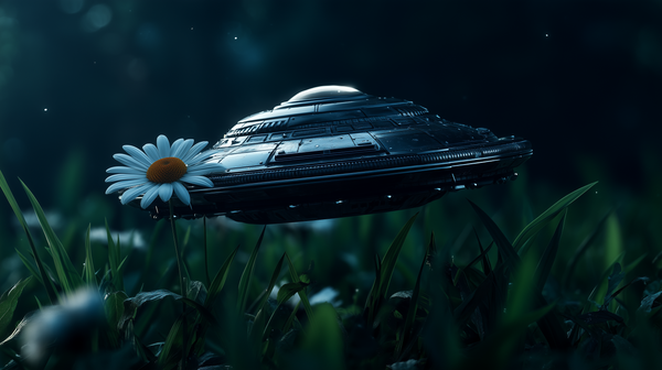 UFO hovering over a daisy in a grassy field at night.