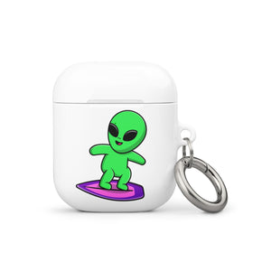 White air pod case with a green alien character on a white background