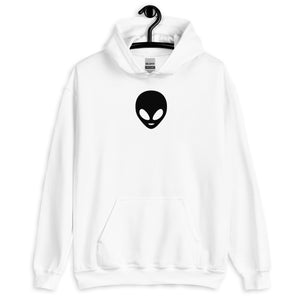 White hoodie with an alien face design on a hanger against a white background