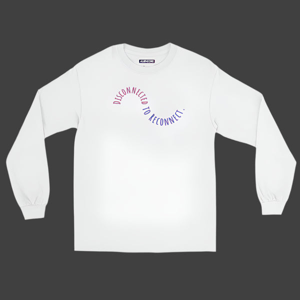 White long-sleeve shirt with text design on a white background