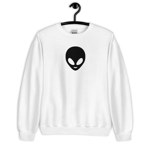 White sweatshirt with a black alien face design on a hanger against a white background