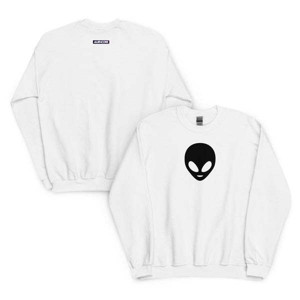 White sweatshirt with a black alien logo on a white background