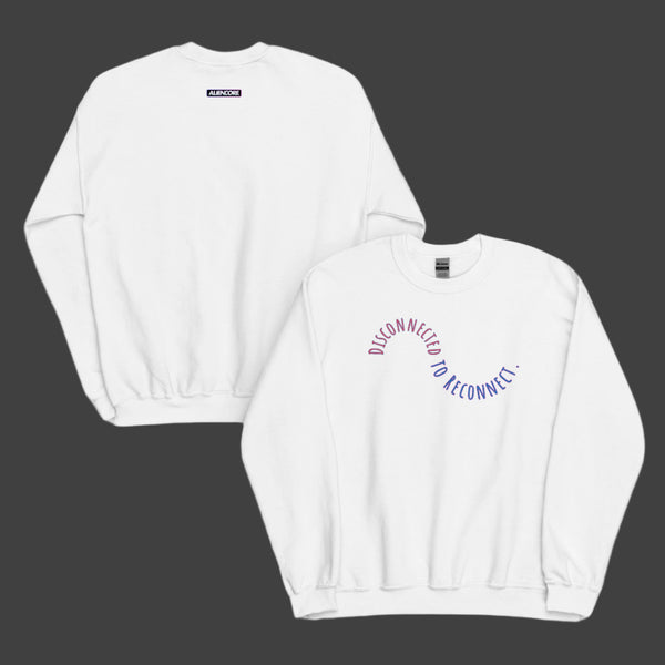 White sweatshirt with text design on a white background