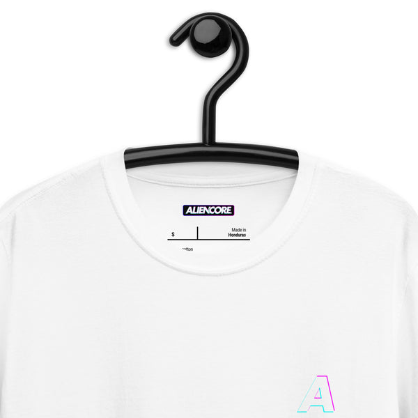 White t-shirt with 'ALIENCORE' label on a black hanger against a white background