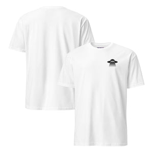 White t-shirt with a black alien spaceship graphic on a white background