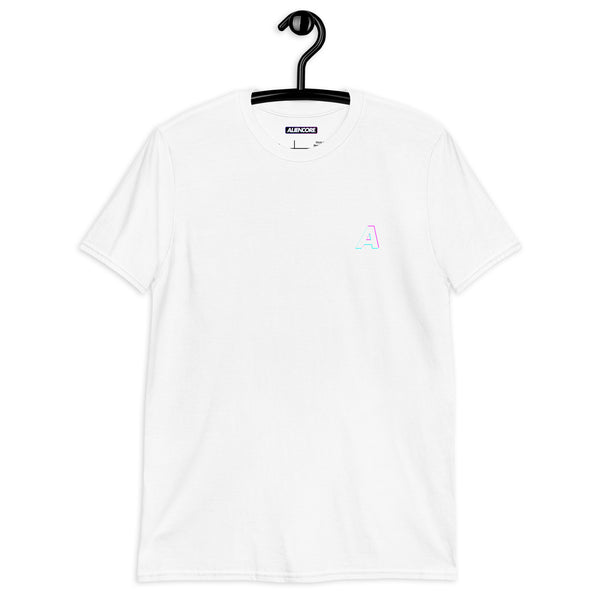 White t-shirt with a small logo on a hanger against a white background