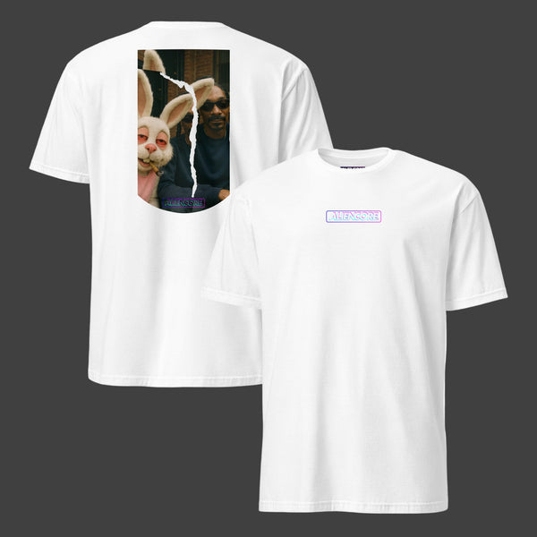 White t-shirt with graphic design on front and text on back, displayed on a white background.