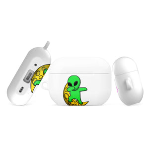 White wireless earbuds case with a green alien design on a white background