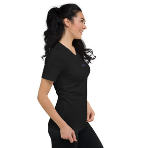 Woman wearing a black V-neck t-shirt on a white background
