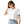 Woman wearing a white t-shirt with a small logo on a white background