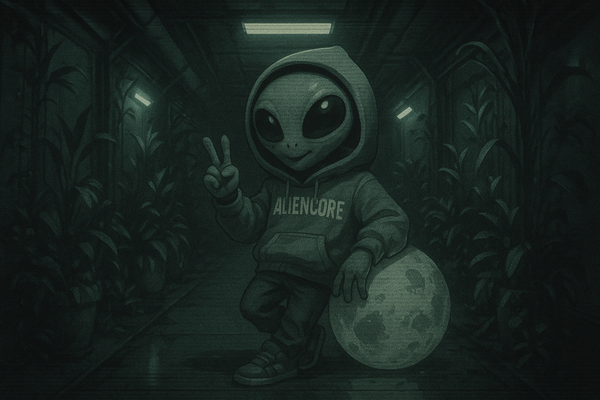 Cartoon alien in a hoodie with a full moon and cornfield in the background