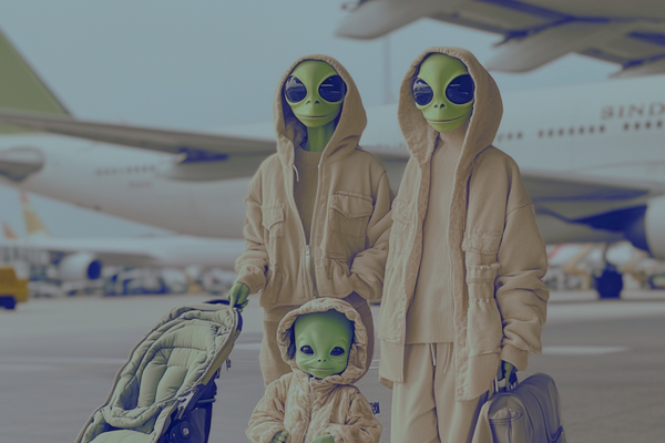 Three people in beige alien costumes with green heads standing in front of airplanes.