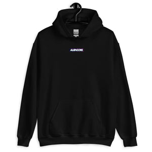 lack hoodie with 'ALIENCORE' logo on a white background