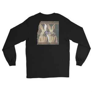 Black long-sleeve shirt with a graphic of two rabbits wearing sunglasses on the back, on a white background.