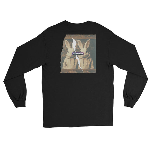 Black long-sleeve shirt with a graphic of two rabbits wearing sunglasses on the back, on a white background.